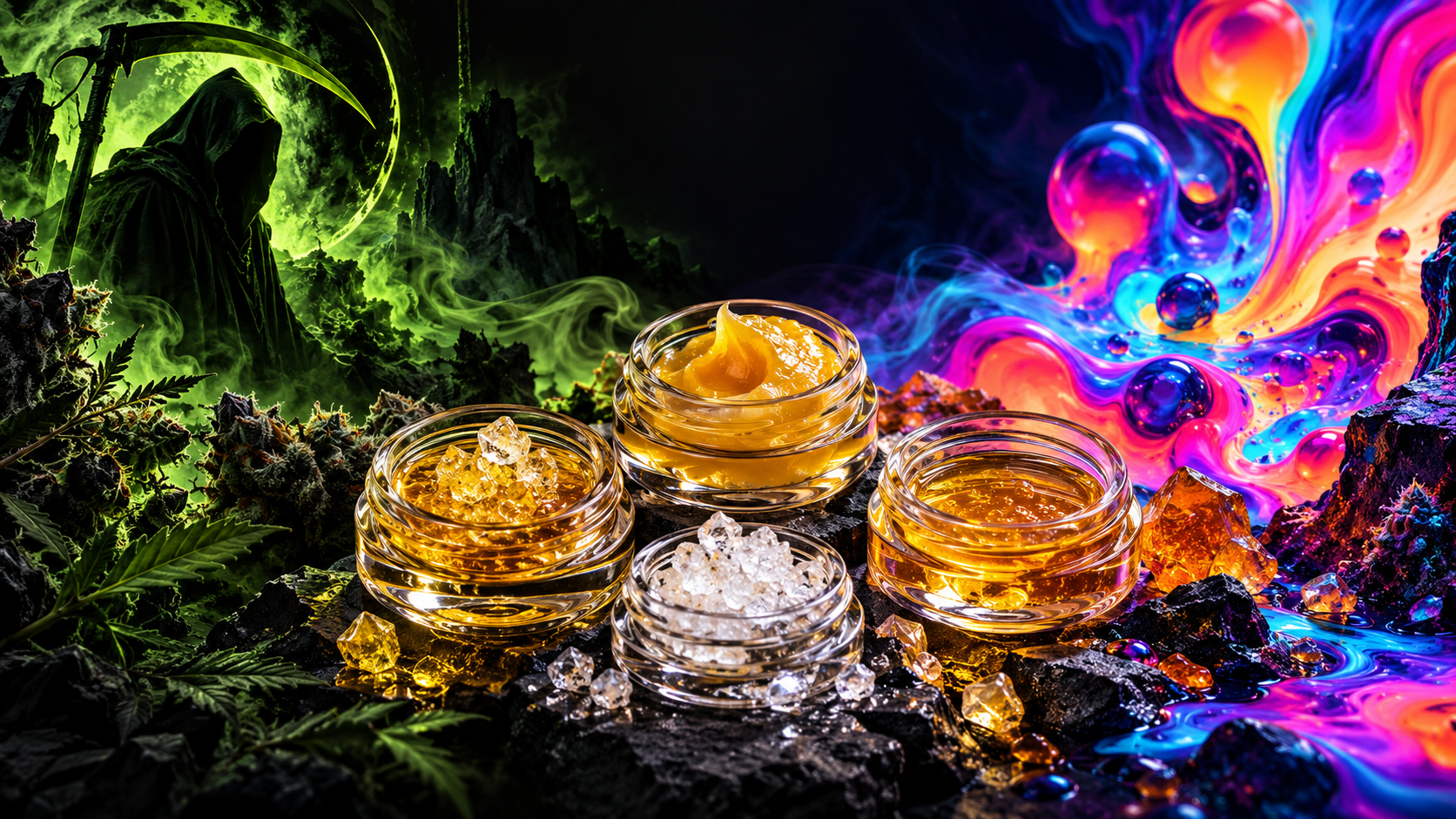 Golden live resin concentrates set between dark green and psychedelic worlds
