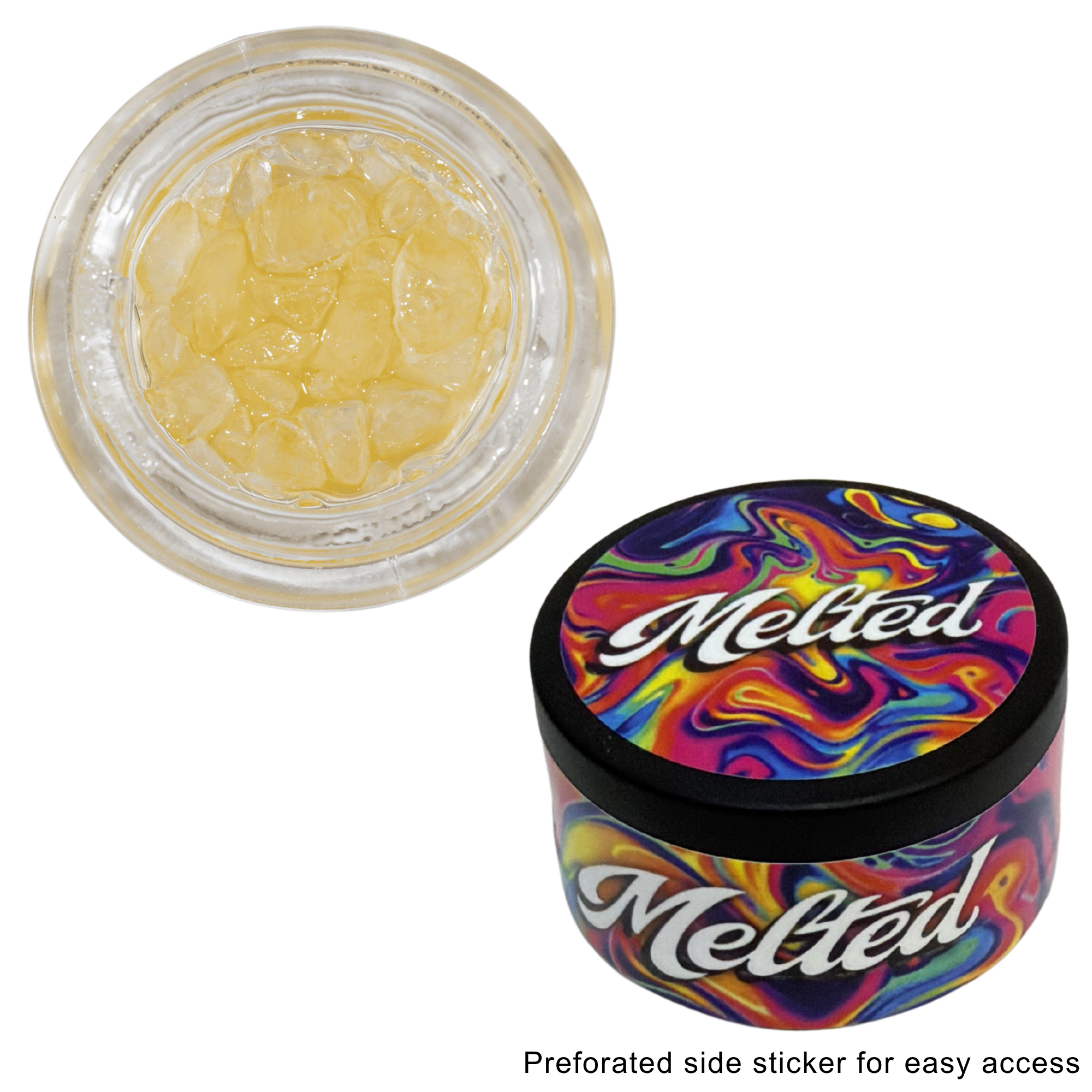 Melted branded concentrate jar with diamonds and sauce